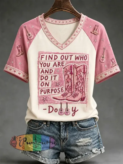 Women’s Find Out Who You Are And Do It On Purpose Country Music Legend Tribute V-Neck Tee - Pink · S