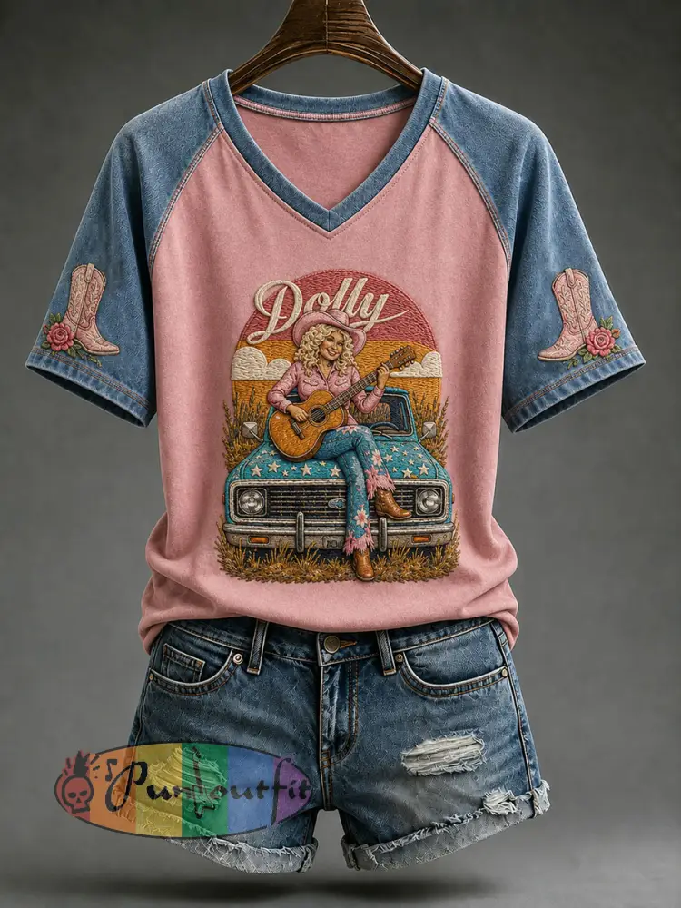 Women’s Queen Of Country Music V-neck T-shirt - Pink · S