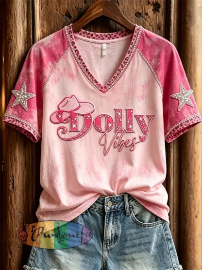 Women’s Vintage Classic Country Music Inspired Western Print Memorial short-sleeved T-shirt - Pink · S