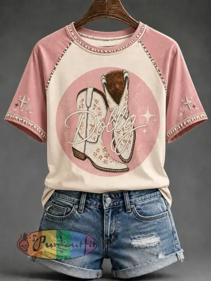 Women’s Classic Country Music Inspired Print Memorial Short-sleeved T-shirt - Pink · S