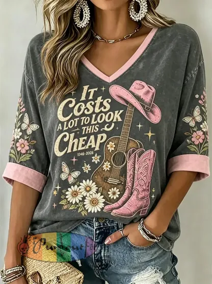 Women’s Country Music Legend Tribute Casual Memorial Mid-length Sleeves V-Neck T-Shirt - Dark Gray · S