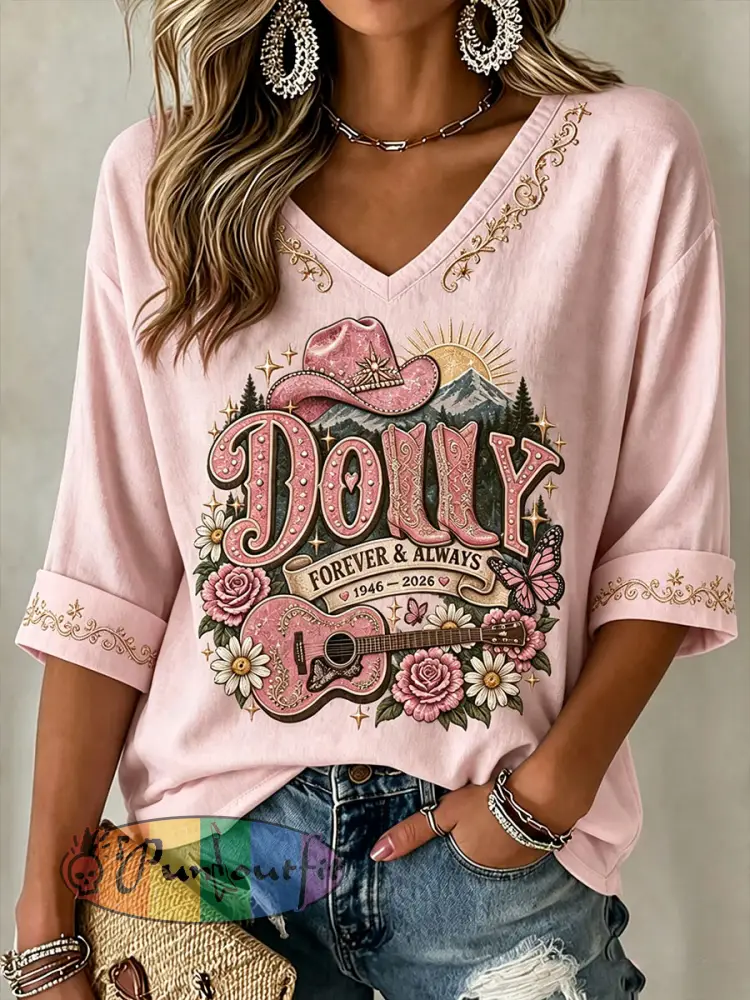 Women’s Rip Country Music Queen Printed Mid-length Sleeves V-Neck T-Shirt - Pink · S