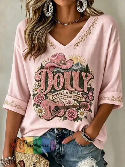 Women’s Rip Country Music Queen Printed Mid-length Sleeves V-Neck T-Shirt - Pink · S