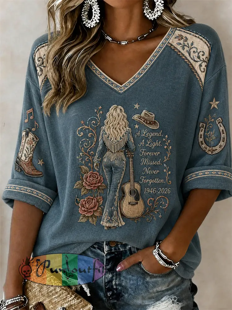 Women’s Vintage Classic Country Music Inspired Western Print Memorial Mid-length Sleeves V-Neck T-Shirt - Blue · S