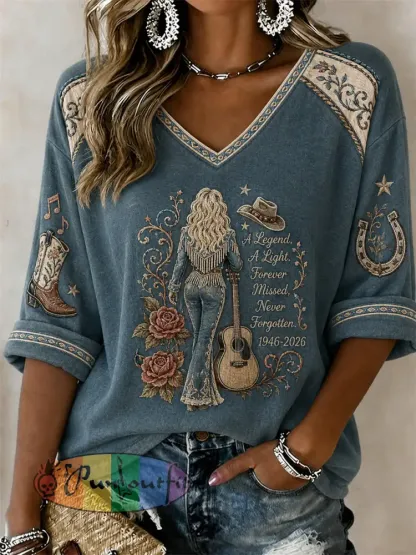Women’s Vintage Classic Country Music Inspired Western Print Memorial Mid-length Sleeves V-Neck T-Shirt - Blue · S