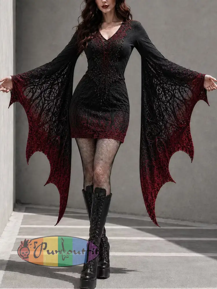 Women’s Gothic Halloween Print Batwing Sleeve V-Neck Costume Dress - Black-Red · S
