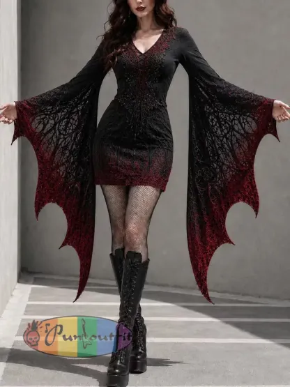 Women’s Gothic Halloween Print Batwing Sleeve V-Neck Costume Dress - Black-Red · S