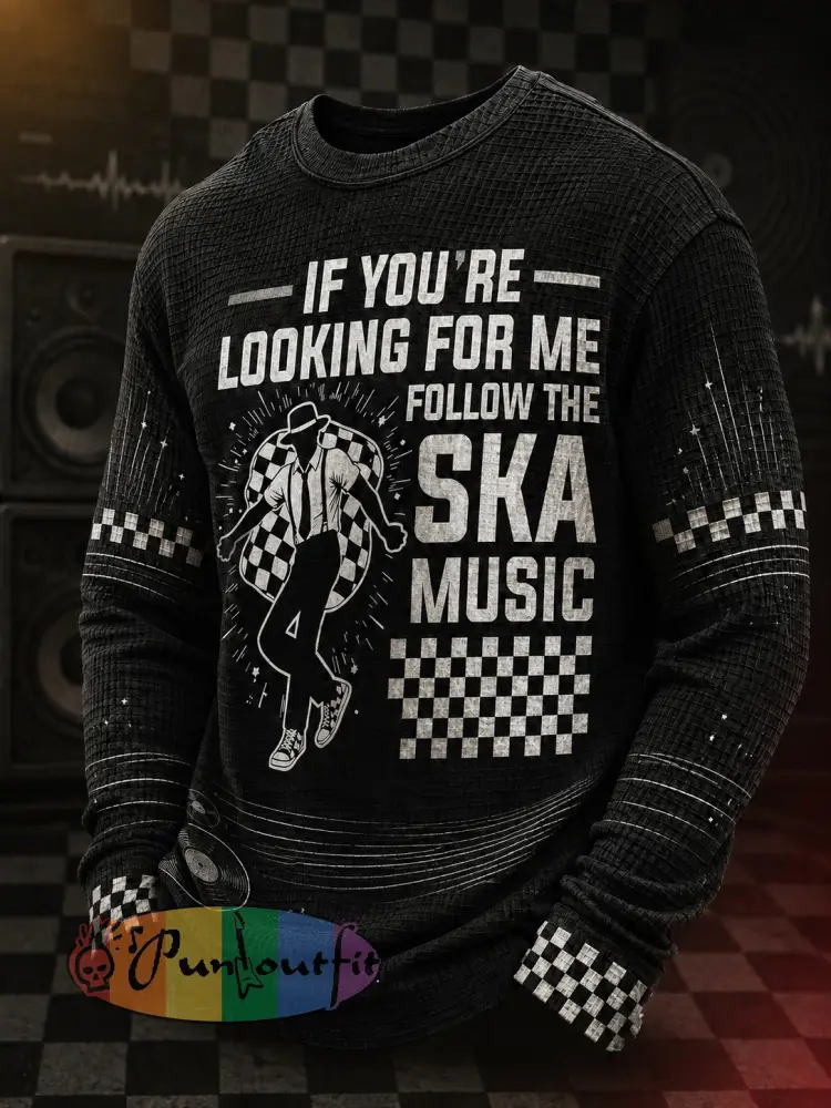 Men’s Ska Revival Style Printed Waffle Long Sleeve T-Shirt - Black · S