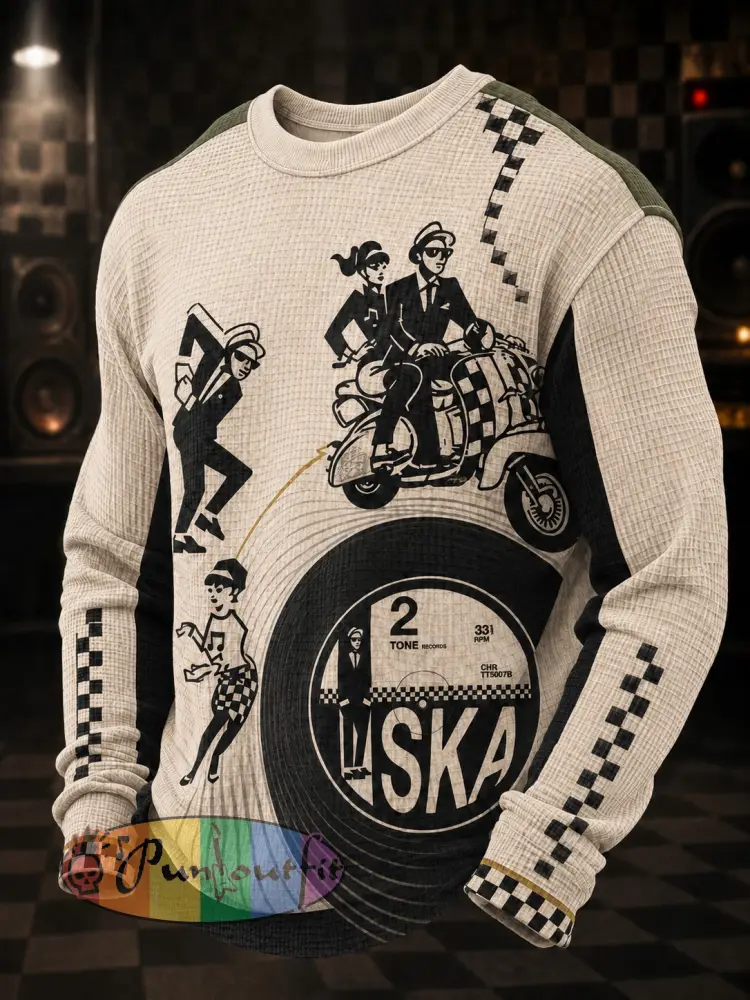 Men’s Ska Revival Style Printed Waffle Long Sleeve T-Shirt - As picture · S
