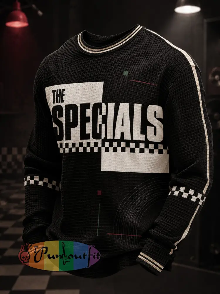 Men’s Ska Revival Style Printed Waffle Long Sleeve T-Shirt - Black · S