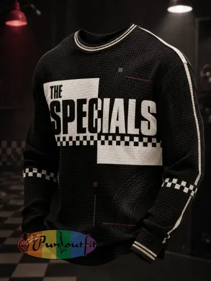 Men’s Ska Revival Style Printed Waffle Long Sleeve T-Shirt - Black · S