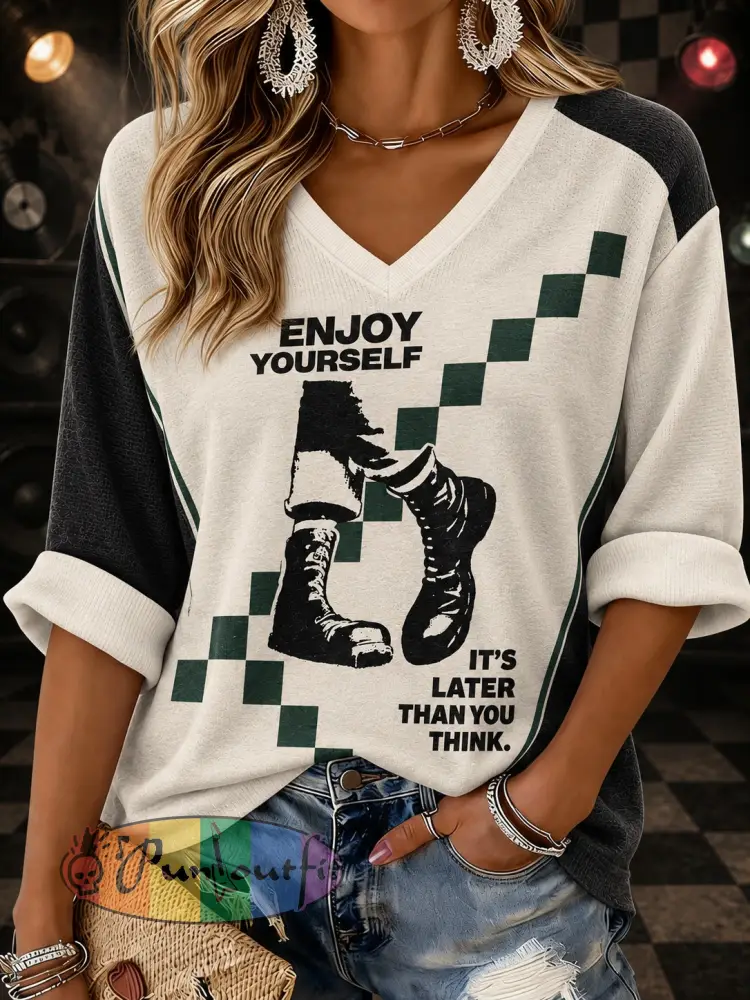Women’s Ska Revival Style Printed Mid-length Sleeves V-neck T-shirt - As picture · S