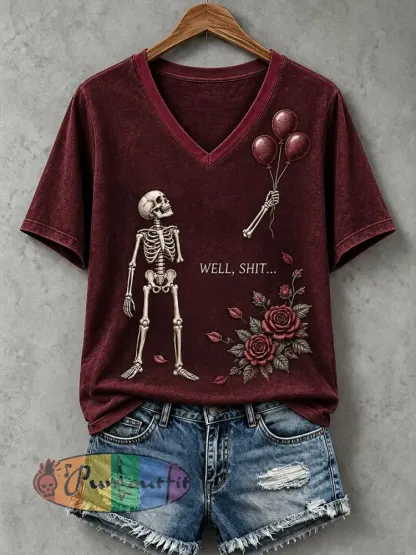 Women’s Funny Skeleton T-Shirt - Deep Red · S