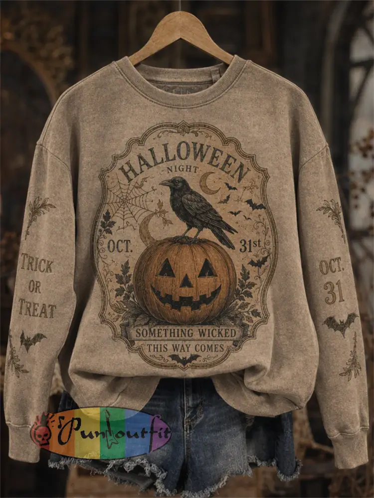Women’s Vintage Halloween Raven Gothic Print Sweatshirt - Khaki · S