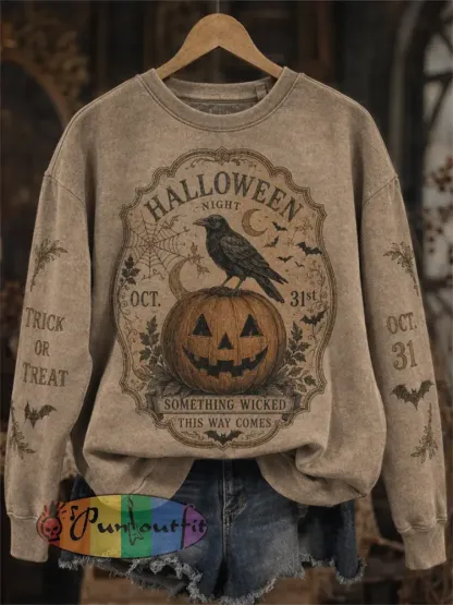 Women’s Vintage Halloween Raven Gothic Print Sweatshirt - Khaki · S