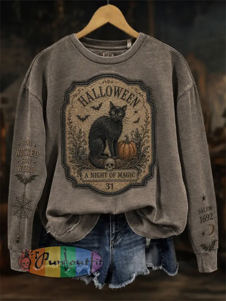 Women’s Vintage Halloween Black Cat Gothic Print Sweatshirt - Gray · S