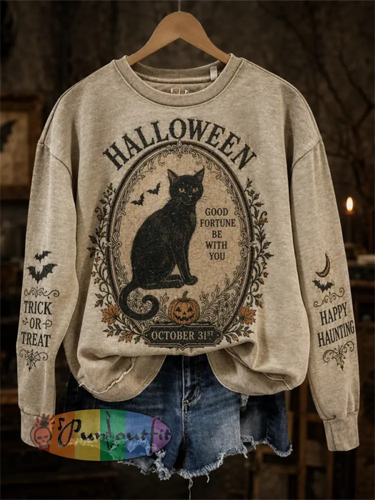 Women’s Vintage Halloween Black Cat Good Fortune Be With You Print Sweatshirt - Beige · S