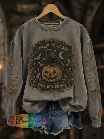 Women’s Vintage Halloween Raven Gothic Print Sweatshirt - Gray · S