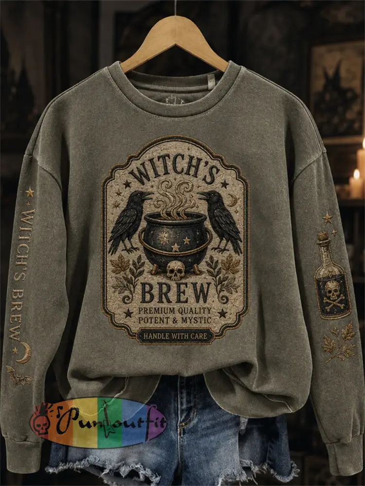 Women’s Vintage Halloween Witch’s Brew Gothic Print Sweatshirt - Gray · S