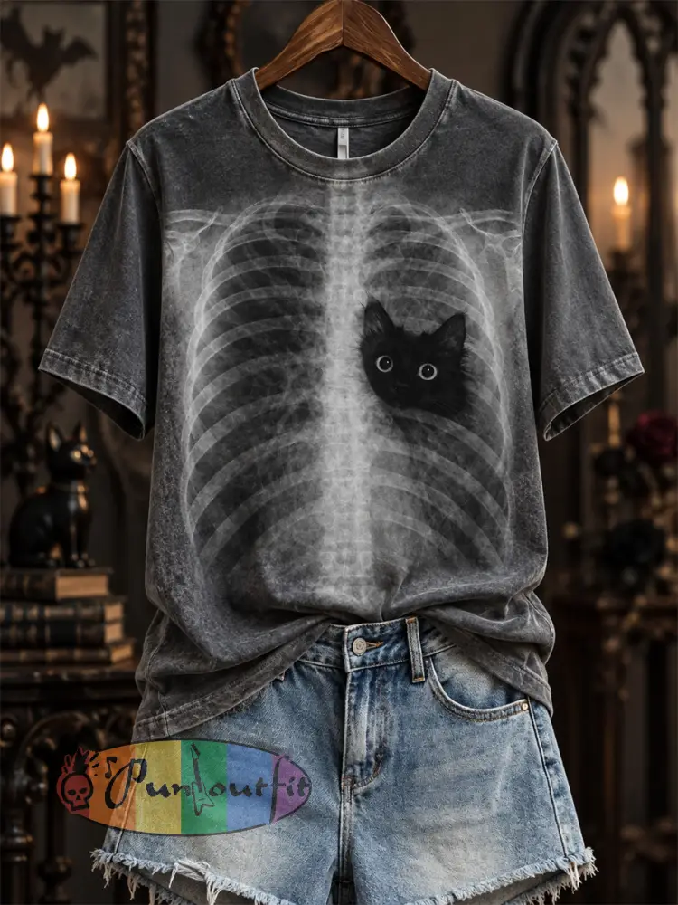Women’s Halloween Peeking Black Cat X-ray Rib Cage Print short-sleeved T-shirt - Dark Gray · S