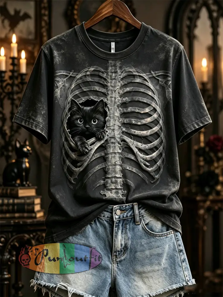 Women’s Halloween Peeking Black Cat X-ray Rib Cage Print short-sleeved T-shirt - Black · S