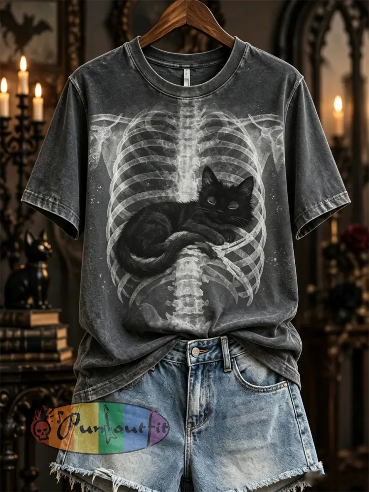 Women’s Halloween Sleeping Black Cat X-ray Rib Cage Print short-sleeved T-shirt - Dark Gray · S