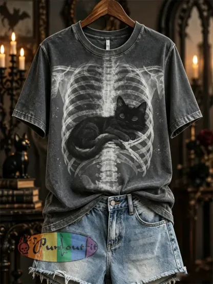 Women’s Halloween Sleeping Black Cat X-ray Rib Cage Print short-sleeved T-shirt - Dark Gray · S