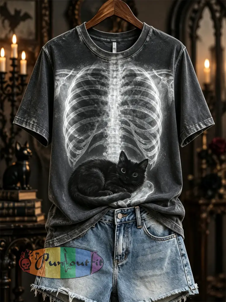 Women’s Halloween Black Cat X-ray Rib Cage Print short-sleeved T-shirt - Dark Gray · S