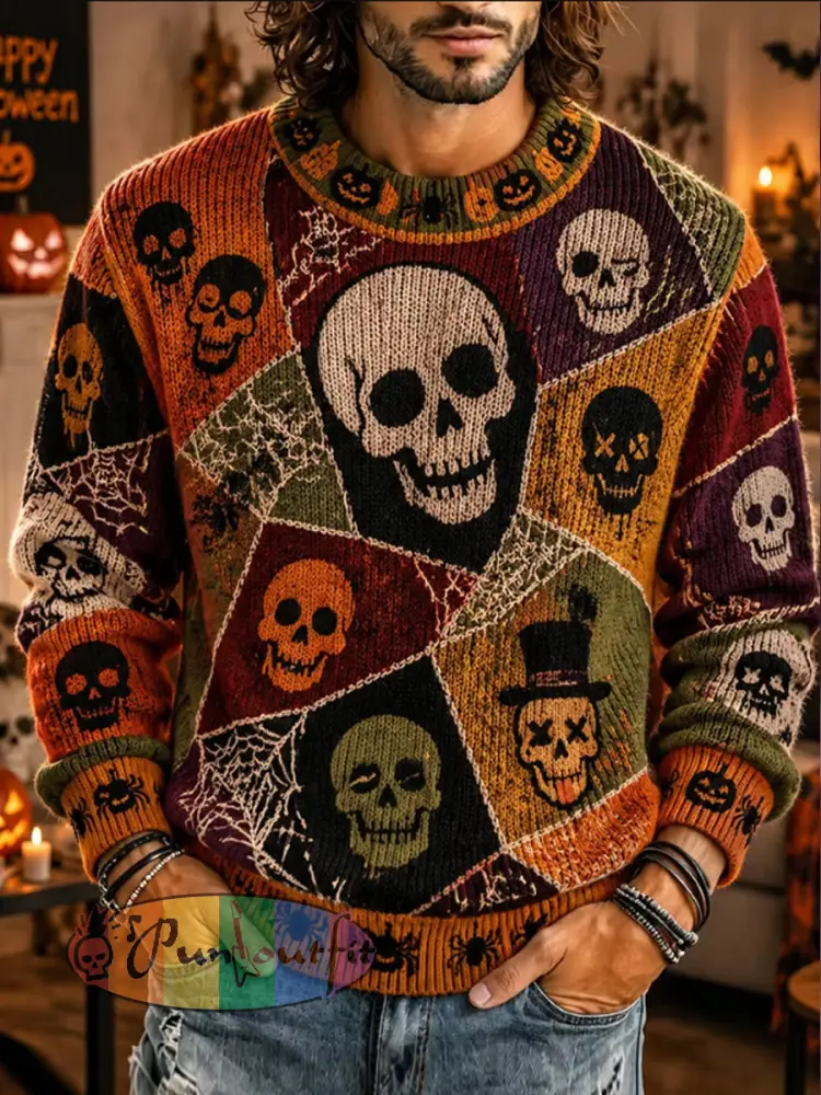 Men’s Halloween Print Casual Crewneck Sweater - As picture · S