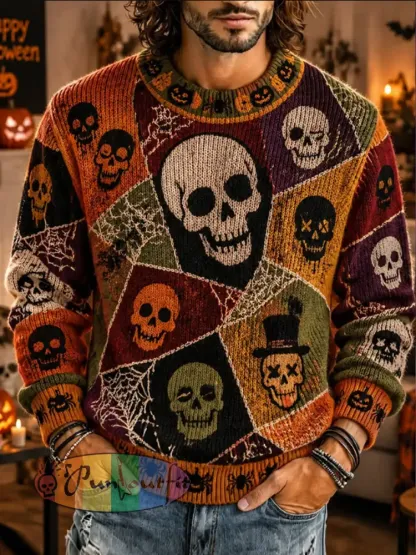 Men’s Halloween Print Casual Crewneck Sweater - As picture · S
