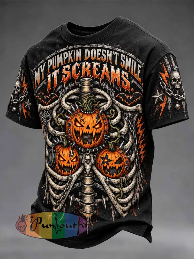 Men’s “MY PUMPKIN DOESN’T SMILE IT SCREAMS.” Slogan Print T-Shirt - As picture · S