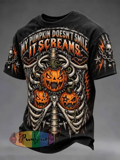 Men’s “MY PUMPKIN DOESN’T SMILE IT SCREAMS.” Slogan Print T-Shirt - As picture · S