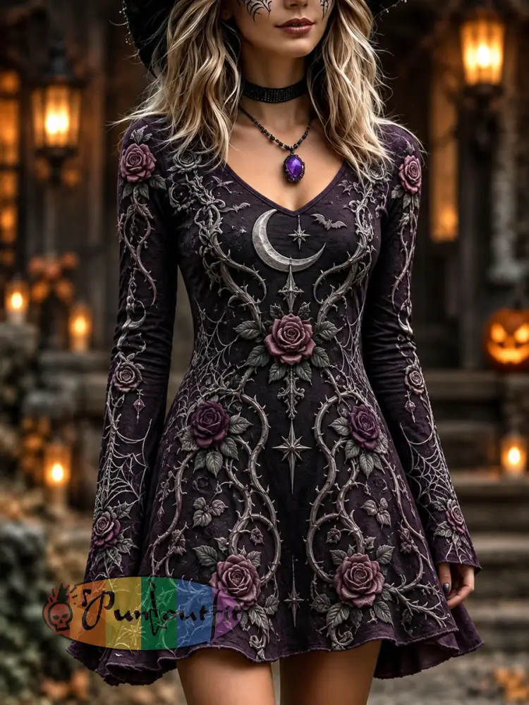Women’s Halloween Gothic Thistle Rose Print Dress - As picture · S