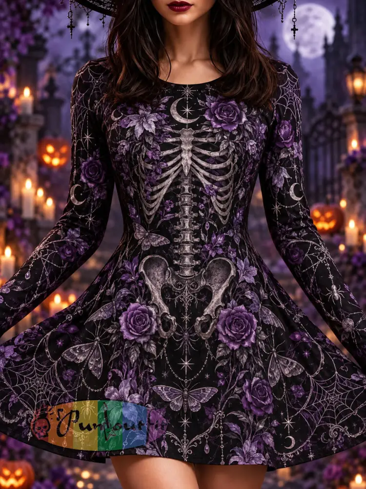 Women’s Halloween Bones Gothic Thistle Rose Print Dress - As picture · S
