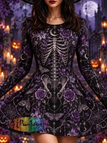 Women’s Halloween Bones Gothic Thistle Rose Print Dress - As picture · S