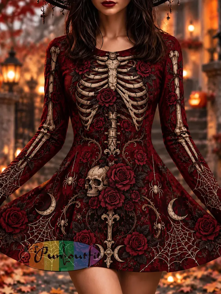 Women’s Halloween Bones Gothic Thistle Rose Print Dress - As picture · S