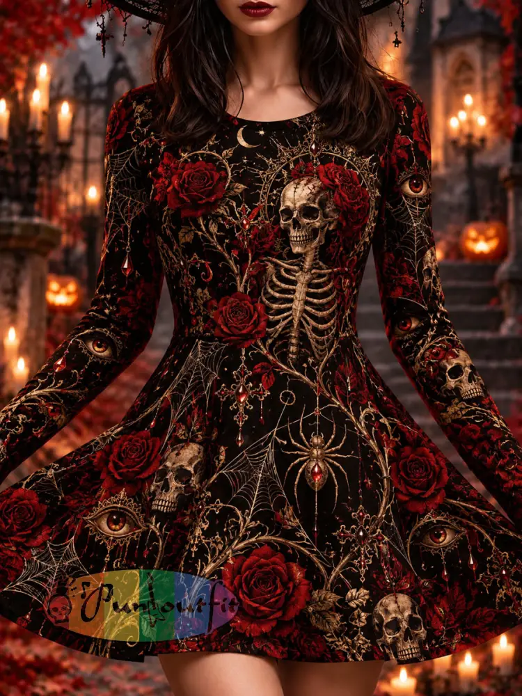 Women’s Halloween Bones Gothic Thistle Rose Print Dress - As picture · S