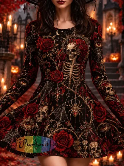 Women’s Halloween Bones Gothic Thistle Rose Print Dress - As picture · S