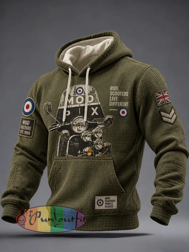 Men’s Mods Culture UK Music Lover Printed Checkered Cotton Hoodie - Army Green · S