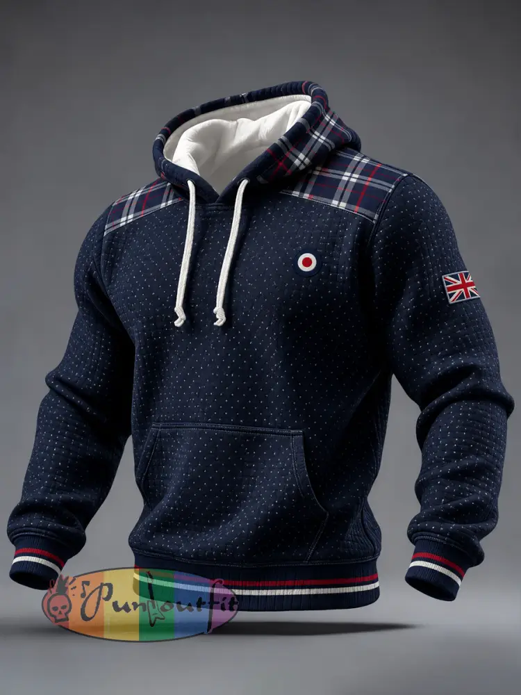 Men’s Mods Culture UK Music Lover Printed Checkered Cotton Hoodie - Navy Blue · S