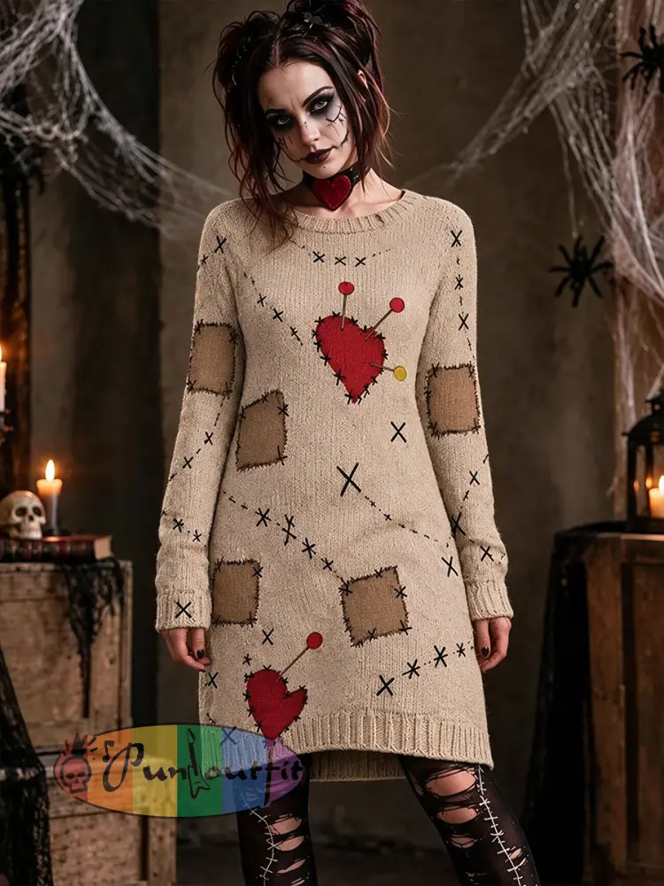 Women’s Gothic Voodoo Doll Artistic Knit Dress - Apricot · S