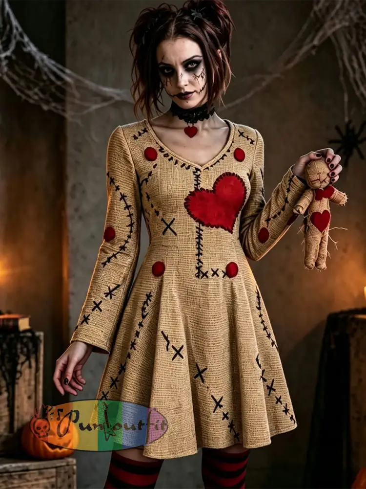 Women’s Gothic Voodoo Doll Art Dress - Apricot · S