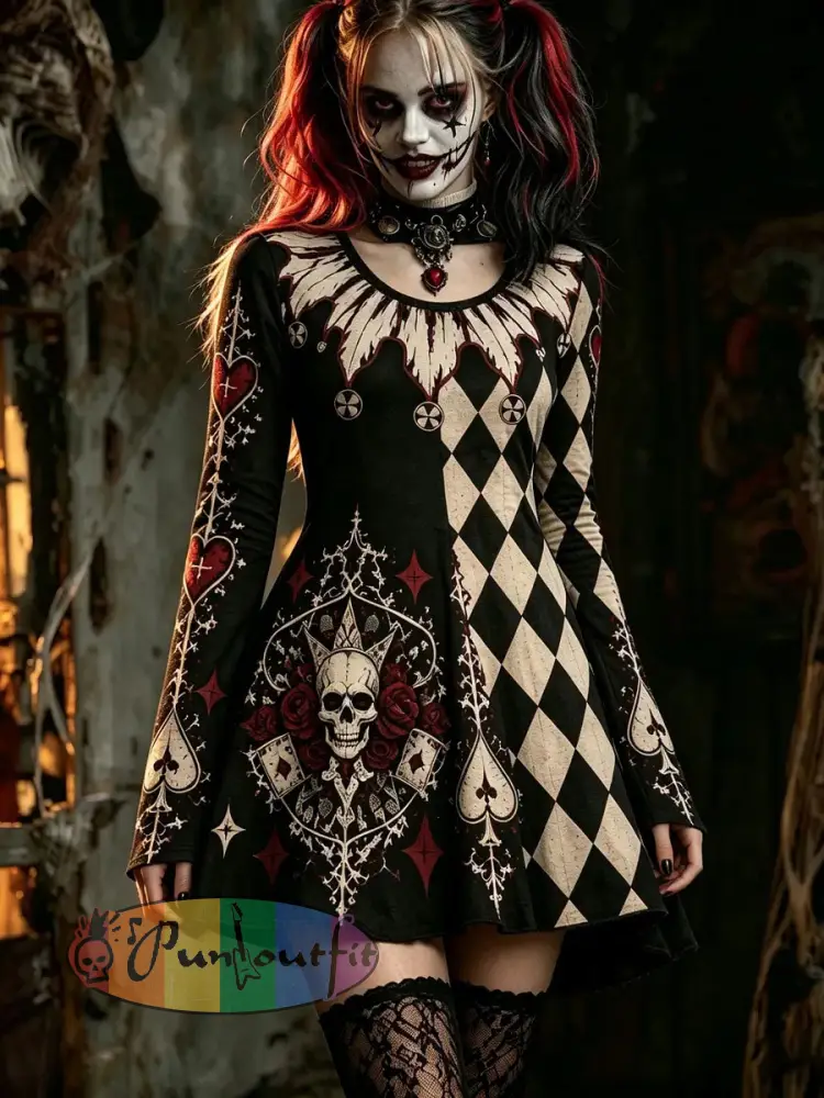 Women’s Gothic Skull Poker Harlequin Art Dress - Black · S