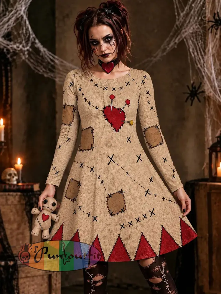 Women’s Gothic Voodoo Doll Art Dress - Apricot · S