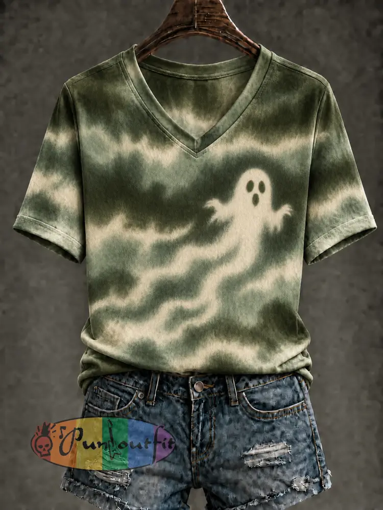 Women’s Ghost Tie Dye Printed V-neck T-shirt - As picture · S
