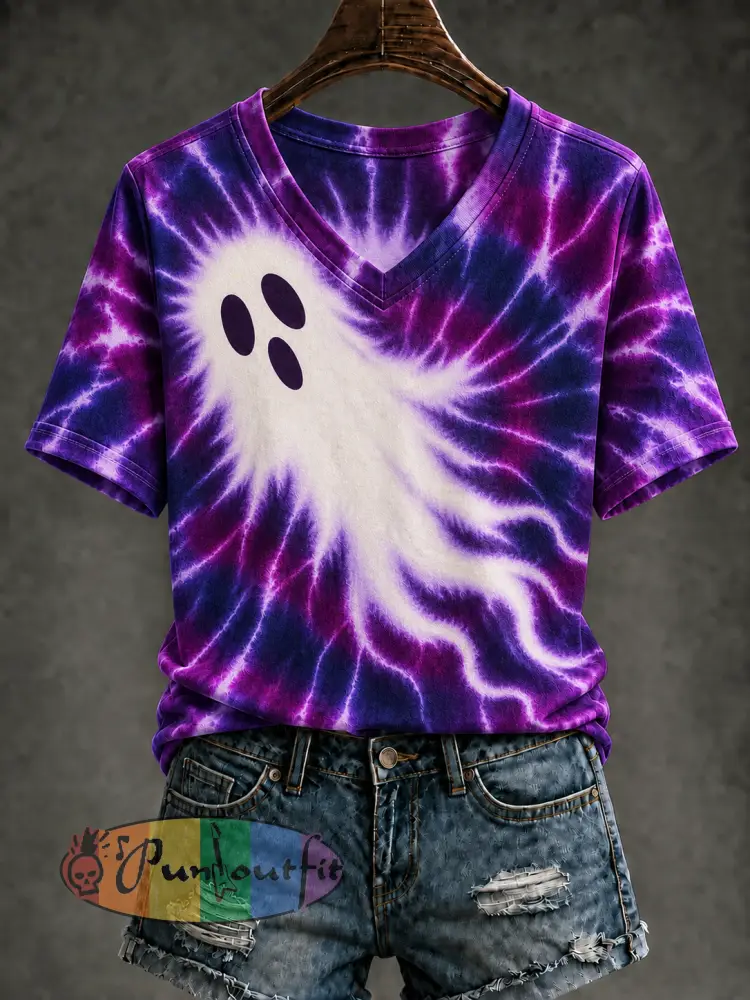 Women’s Ghost Tie Dye Printed V-neck T-shirt - As picture · S