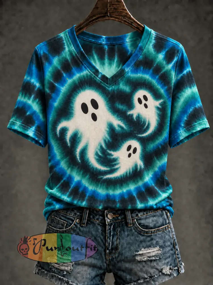 Women’s Ghost Tie Dye Printed V-neck T-shirt - As picture · S