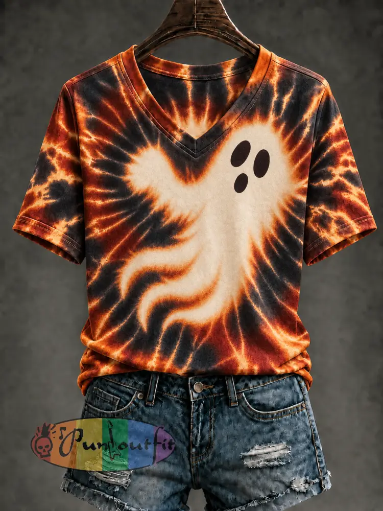 Women’s Ghost Tie Dye Printed V-neck T-shirt - As picture · S