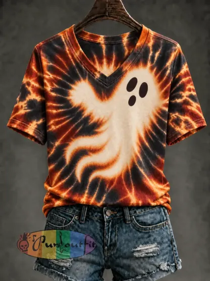 Women’s Ghost Tie Dye Printed V-neck T-shirt - As picture · S