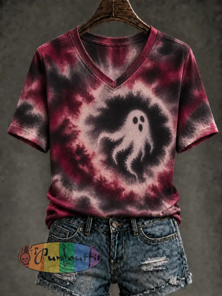 Women’s Ghost Tie Dye Printed V-neck T-shirt - As picture · S